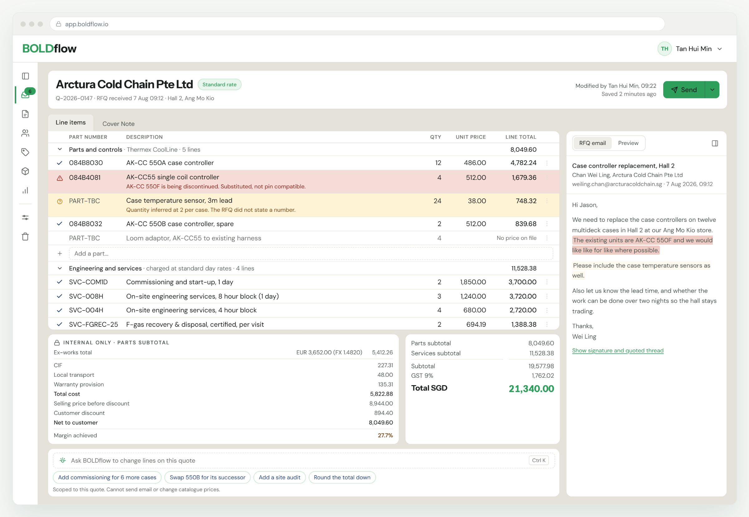 The Boldflow editor showing a quote drafted from an RFQ: line items with part numbers, quantities and prices, a flagged substitution, an inferred quantity, the internal cost panel, quote totals, and the original RFQ email in the right-hand rail.
