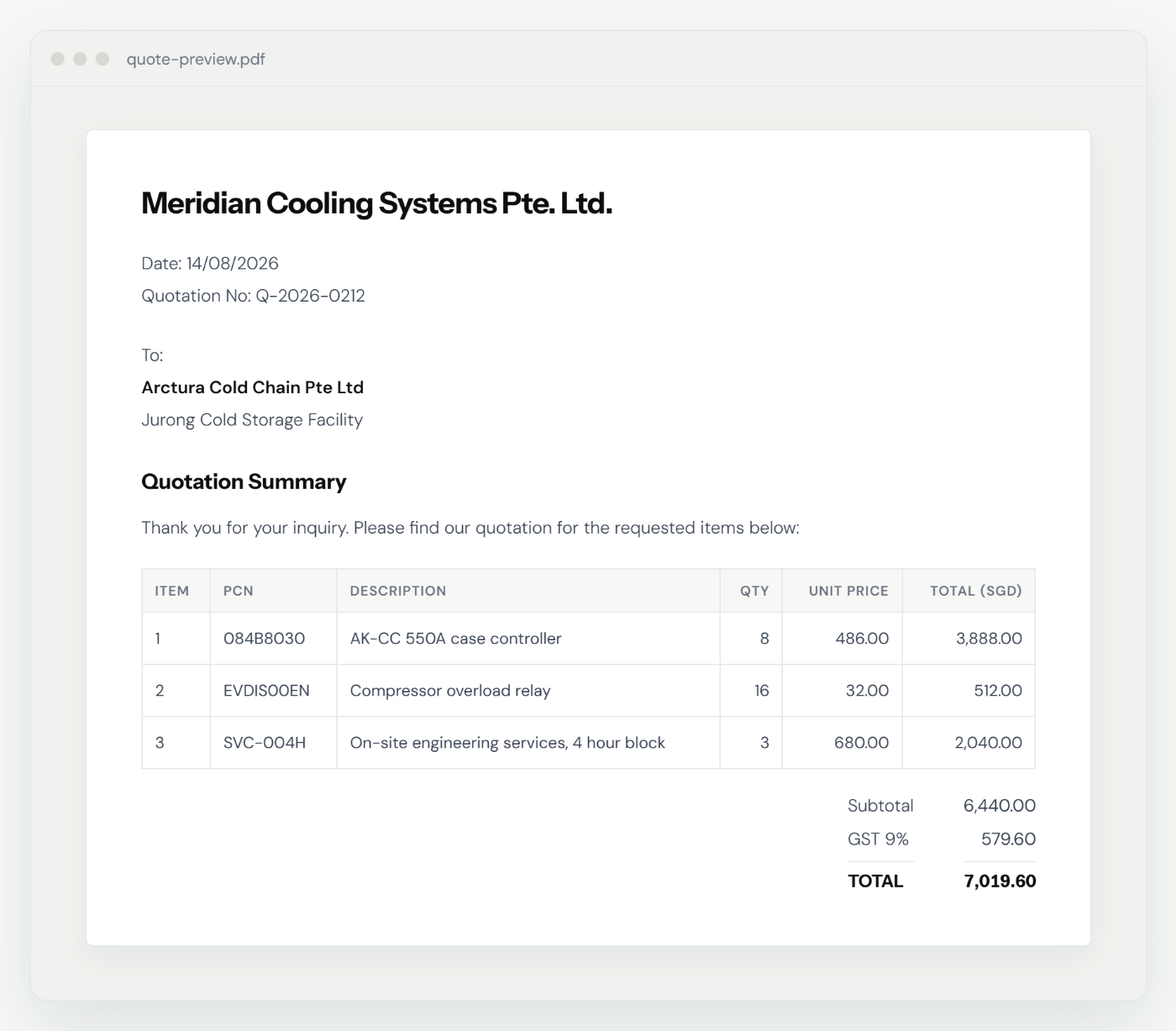 A quote preview PDF from Meridian Cooling Systems Pte. Ltd. addressed to Arctura Cold Chain Pte Ltd, listing three quoted lines with part numbers, quantities and prices, then subtotal, GST and total.